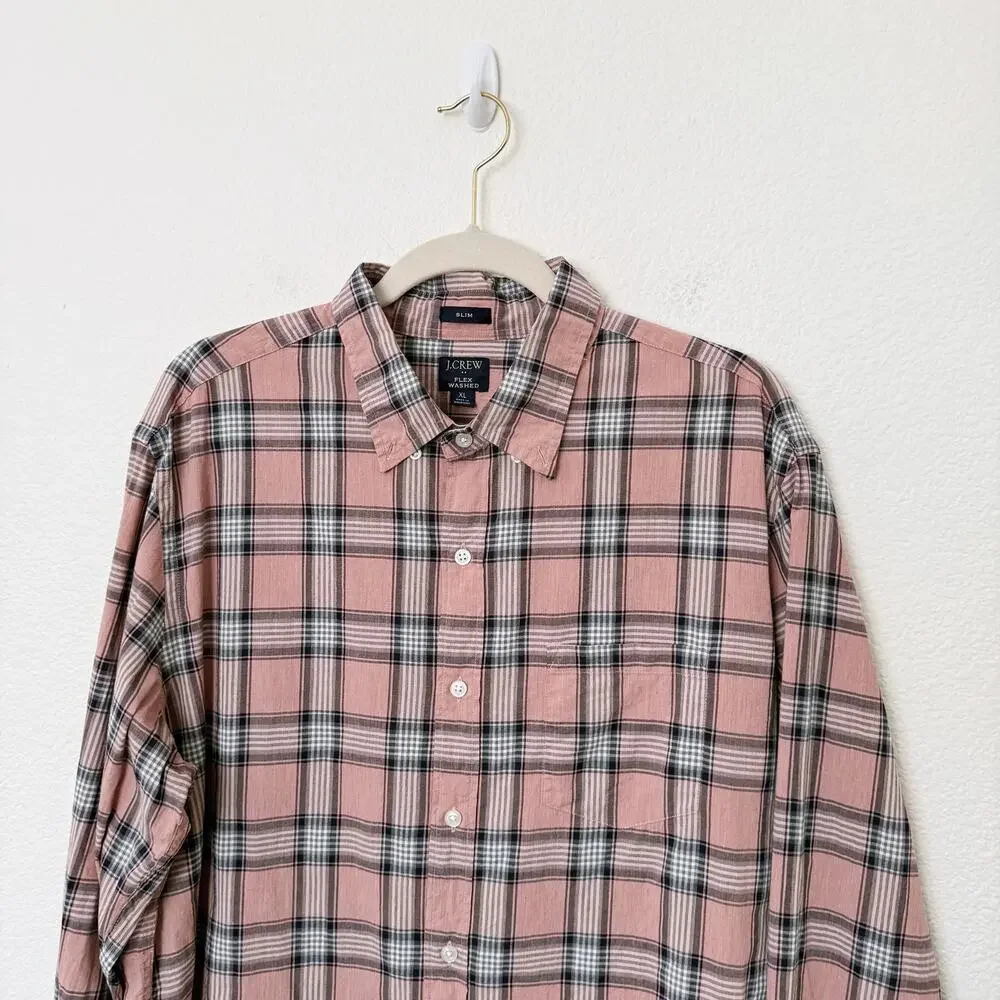 [J. Crew] Pink Plaid Print Slim Fit Flex Washed Button Down Shirt Cotton Size XL